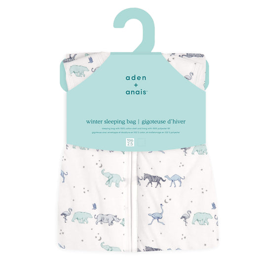 aden + anais winter sleeping bag in Rising Star print, 2.5 TOG, in branded packaging. Breathable cotton shell with polyester fill for cold weather sleep.