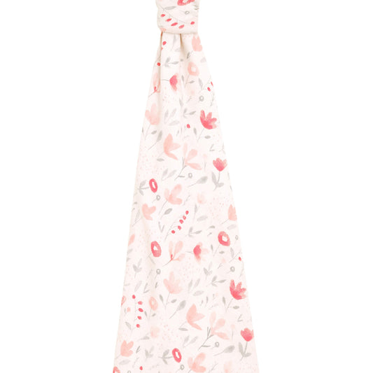 Unfolded aden + anais Comfort Knit™ Swaddle Blanket in Perennial print. Soft cream background with pink floral pattern.
Image 2: