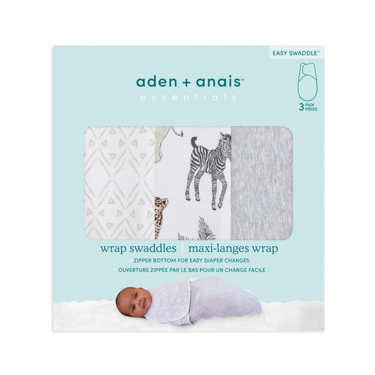 aden + anais essentials easy swaddle 3-pack box in Toile design, showing the three included swaddles through a window with a baby model pictured in the geometric print swaddle.