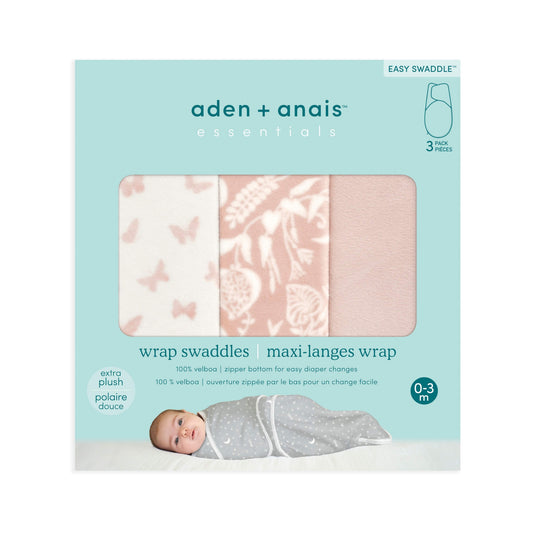 aden + anais Essentials Velboa Wrap Swaddle 3-Pack in Garden print, shown in retail packaging.