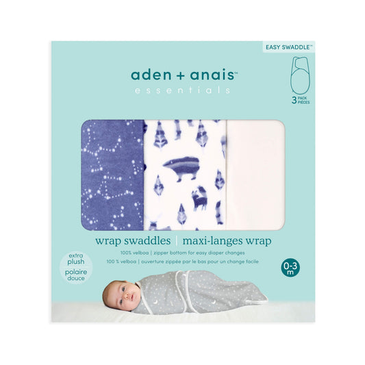 aden + anais Essentials Velboa Wrap Swaddle 3-Pack in Scandinavian Sky shown in retail packaging.