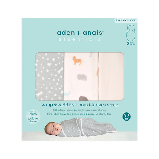 Product packaging for Wild Prairie swaddle set showing three folded swaddles through a window.