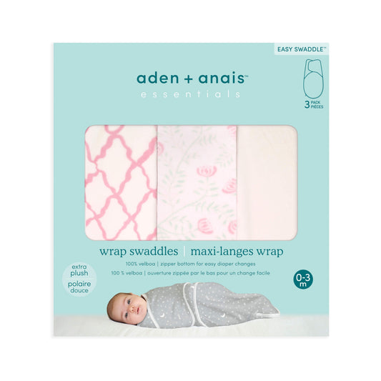 Aden + anais essentials velboa wrap swaddle 3-pack in Arts & Crafts design shown in original packaging.