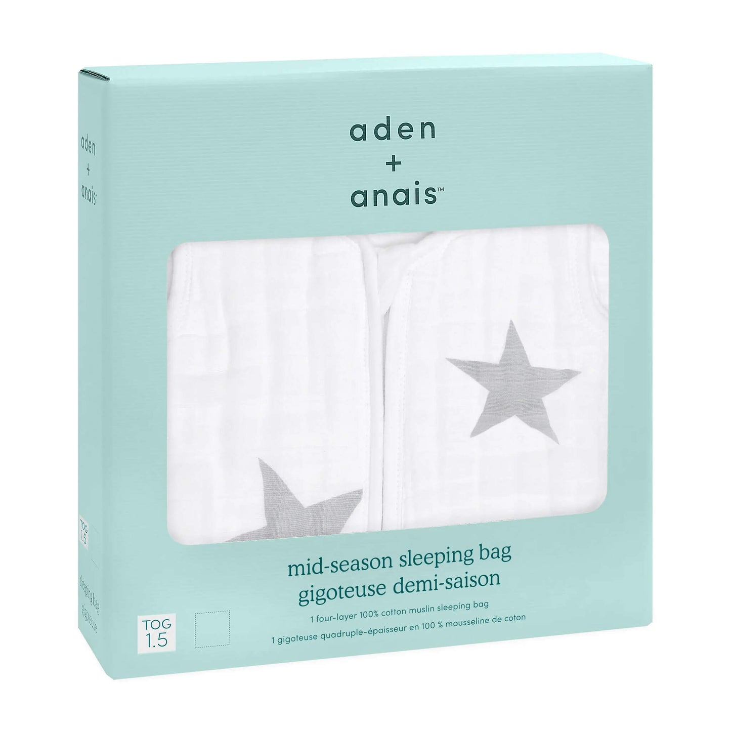aden + anais mid-season sleeping bag in Twinkle print, 1.5 TOG. Packaged in branded mint green box with large grey stars on white cotton muslin.
