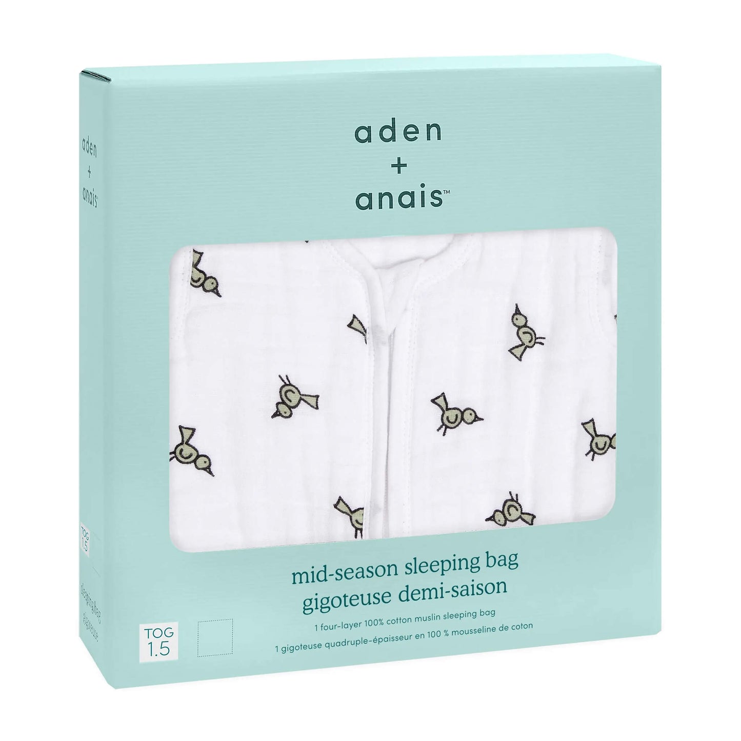 aden + anais mid-season muslin sleeping bag in Jungle Jam print, 1.5 TOG, shown in mint green branded box. Ideal breathable sleepwear for babies.