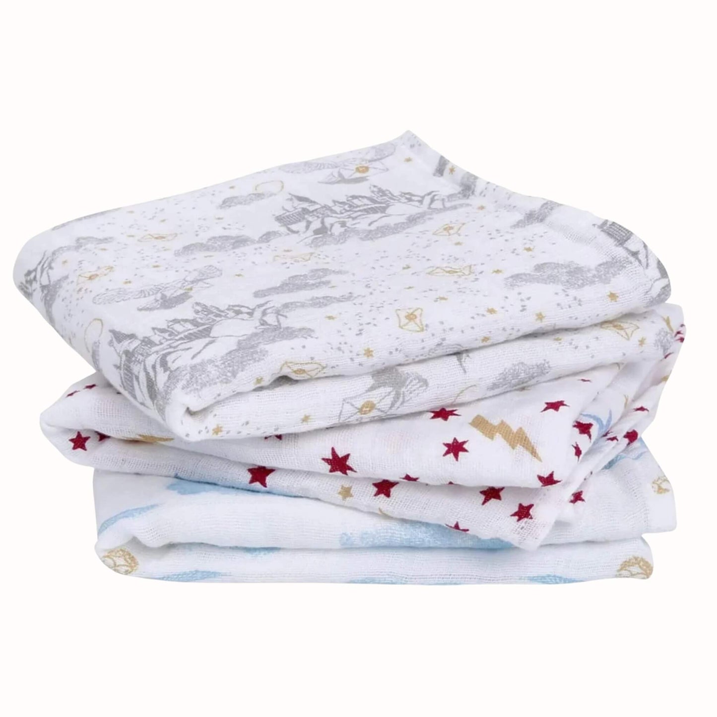 Stack of folded cotton muslin squares showing mixed Harry Potter inspired prints including grey castle scenes, red stars and pale blue patterns.
