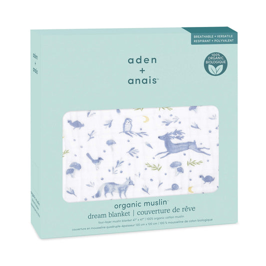 aden + anais organic cotton dream blanket in mint green packaging, showing the Outdoors woodland animal print. GOTS certified and made with breathable muslin.