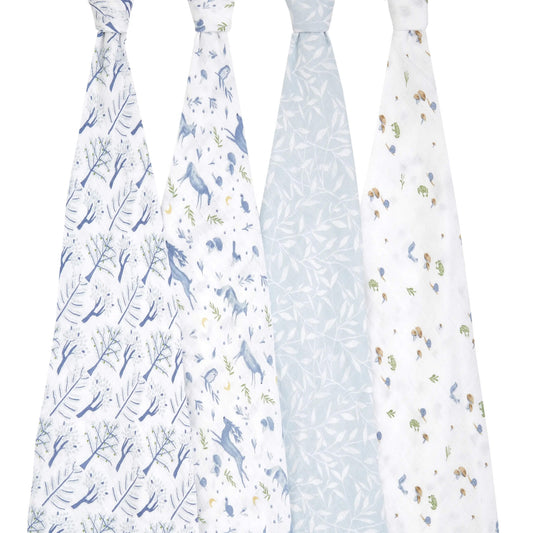 aden + anais Outdoors muslin swaddle blankets shown in full with forest-inspired prints on soft organic cotton.