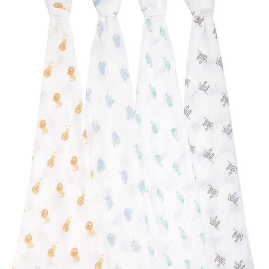 aden + anais organic cotton swaddles displayed hanging, with soft animal prints in safari-inspired colours. Lightweight and breathable muslin for babies.