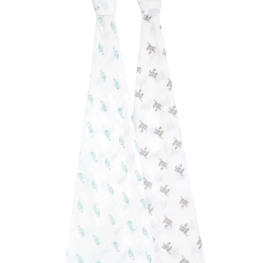 Full view of aden + anais 2-pack organic swaddles hanging side by side, with playful turtle and zebra hand-drawn prints.