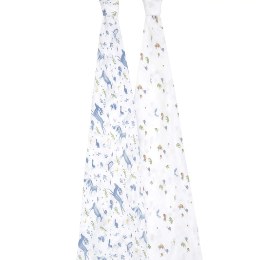 Pair of aden + anais swaddles hanging open to show forest-themed prints with deer, snails, frogs and foliage.