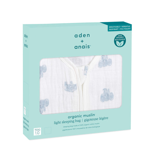 aden + anais 1.0 TOG light sleeping bag in mint green box. Organic cotton muslin with blue elephant print, breathable and ideal for warmer nights.