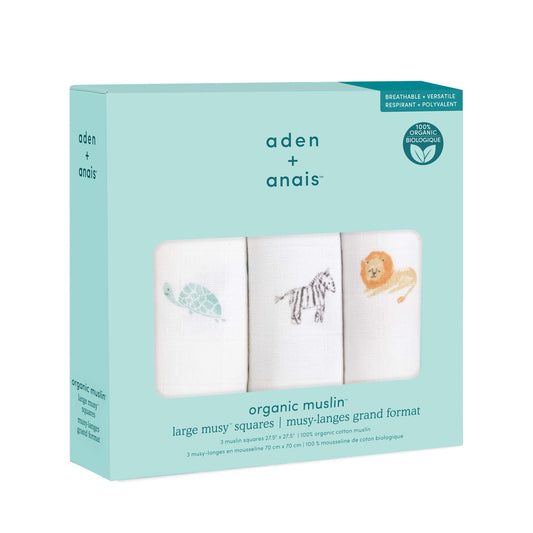Boxed set of three aden + anais Animal Kingdom muslin squares with lion, zebra, and turtle designs in soft organic cotton.
