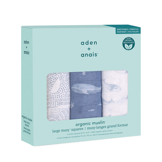 aden + anais Oceanic collection in boxed set. Includes three organic cotton muslin squares with sea life and nature-inspired patterns.