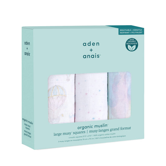aden + anais Above the Clouds 3-pack muslin squares in packaging. Made from 100% GOTS certified organic cotton muslin.