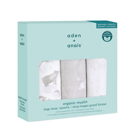 aden + anais Map the Stars muslin squares in gift box, with bear, starry sky and constellation prints in calming grey tones.