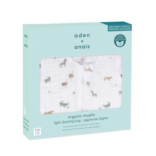 aden + anais Safari Dreams sleeping bag in mint green box. Organic cotton muslin with lion, zebra, and giraffe print. 1.0 TOG for warmer nights.