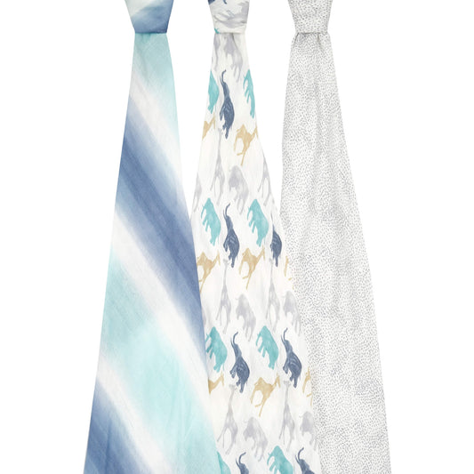 aden + anais silky soft swaddles in expedition print shown open, with ombré blue, animal safari, and grey dot patterns.