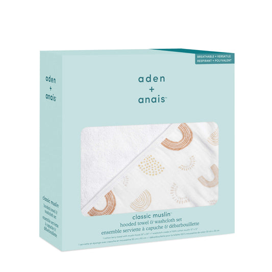 aden + anais Classic Muslin hooded towel and washcloth gift set in Keep Rising. Packaged in teal gift box.