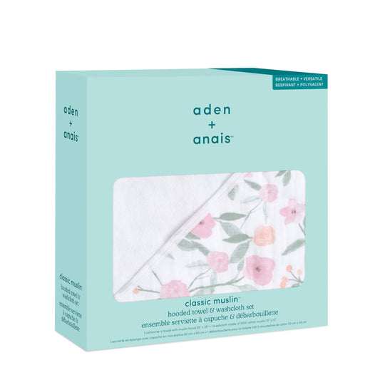 aden + anais Classic Muslin hooded towel and washcloth gift set in Ma Fleur. Packaged in signature teal box.