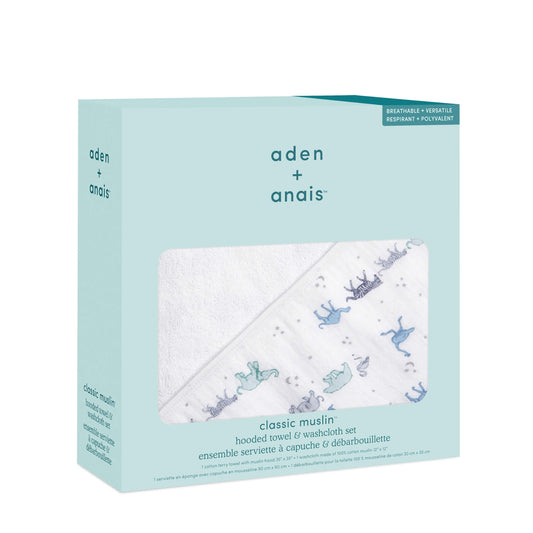 aden + anais Classic Muslin hooded towel and washcloth gift set in Rising Star. Packaged in signature teal gift box.