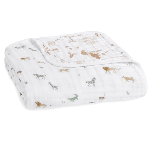The aden + anais organic cotton muslin dream blanket features four layers of muslin for a soft baby blanket. Its uses go beyond cuddling, as it also makes a snuggly surface to lay your little one on.