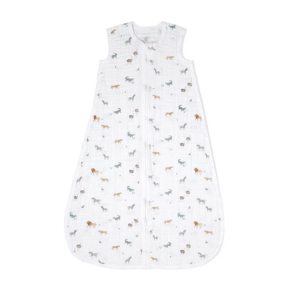 aden + anais 100% organic cotton baby sleep sack featuring a signature hand-drawn print and breathable, sleeveless design for optimal airflow. With its inverted zipper, nappy changes are a breeze.