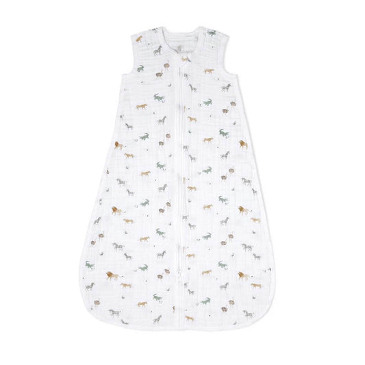 aden + anais 100% organic cotton baby sleep sack featuring a signature hand-drawn print and breathable, sleeveless design for optimal airflow. With its inverted zipper, nappy changes are a breeze.