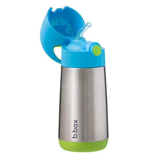 350ml Insulated Drink Bottle in Ocean Breeze colourway. Open view with straw lid, showing easy-drink straw and hygienic cover.