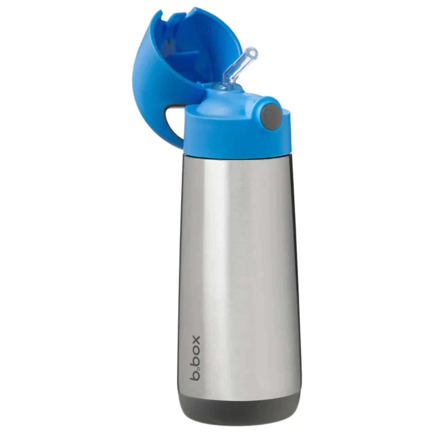 A stainless steel insulated bottle with the blue lid flipped open to reveal the clear silicone straw.