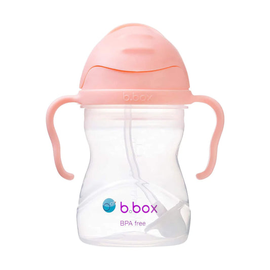 A peach-pink sippy cup with the flip-top lid closed, showing the curved handles and clear cup body.