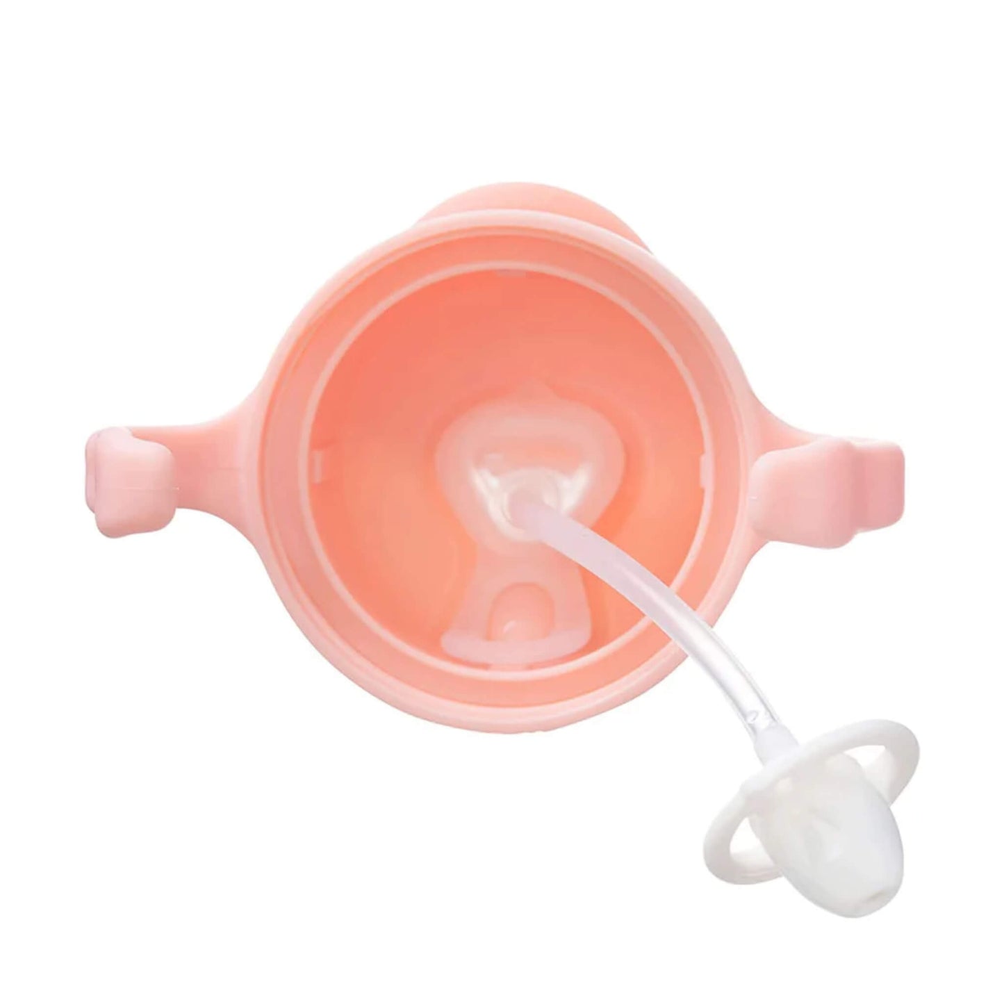 A close-up view of a sippy cup’s lid interior in peach-pink, showing the silicone weighted straw attached.