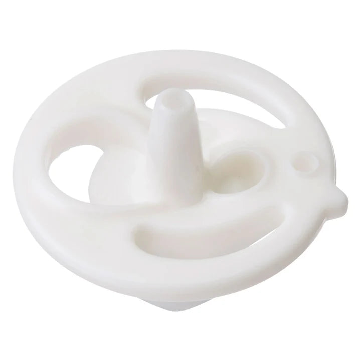 A close-up of a round white weighted disc component with openings and a central attachment point for the straw.