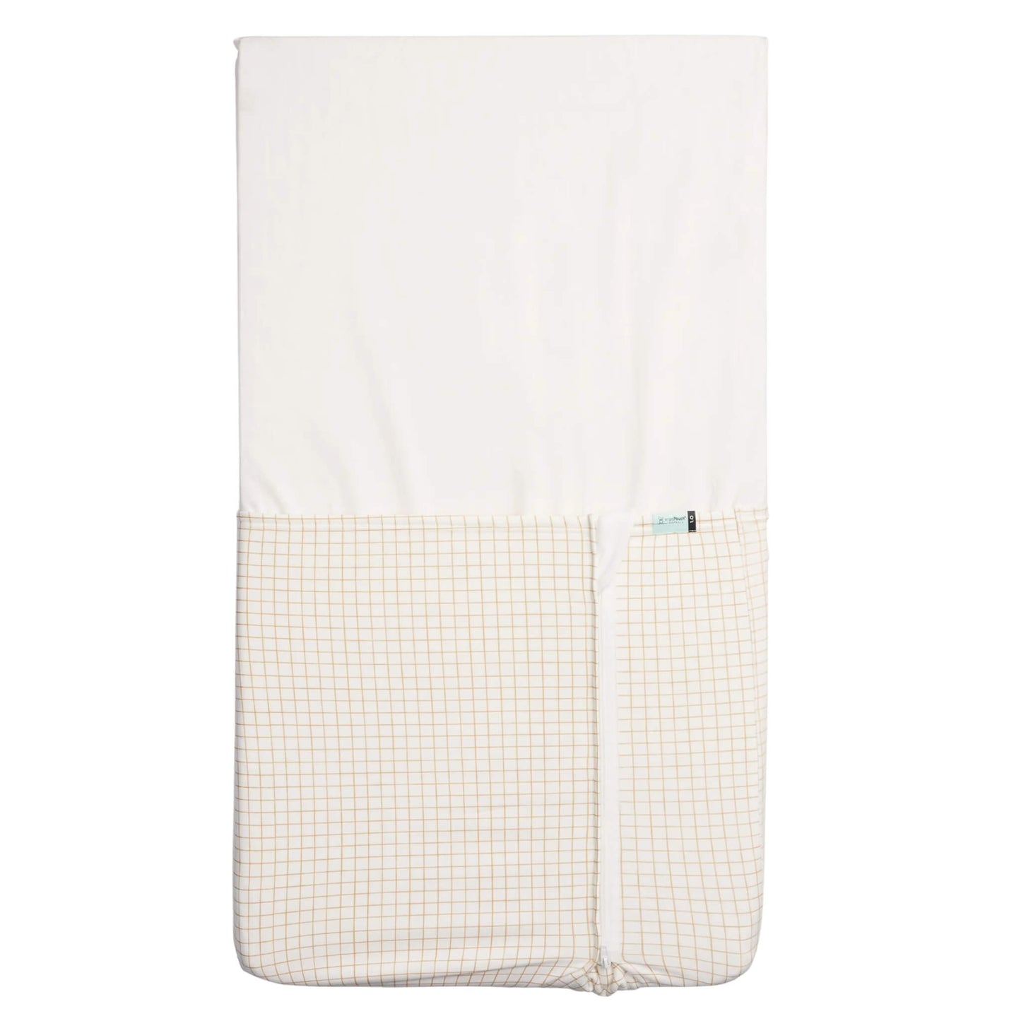 Cream blanket with caramel grid pattern and zip closure along the middle.