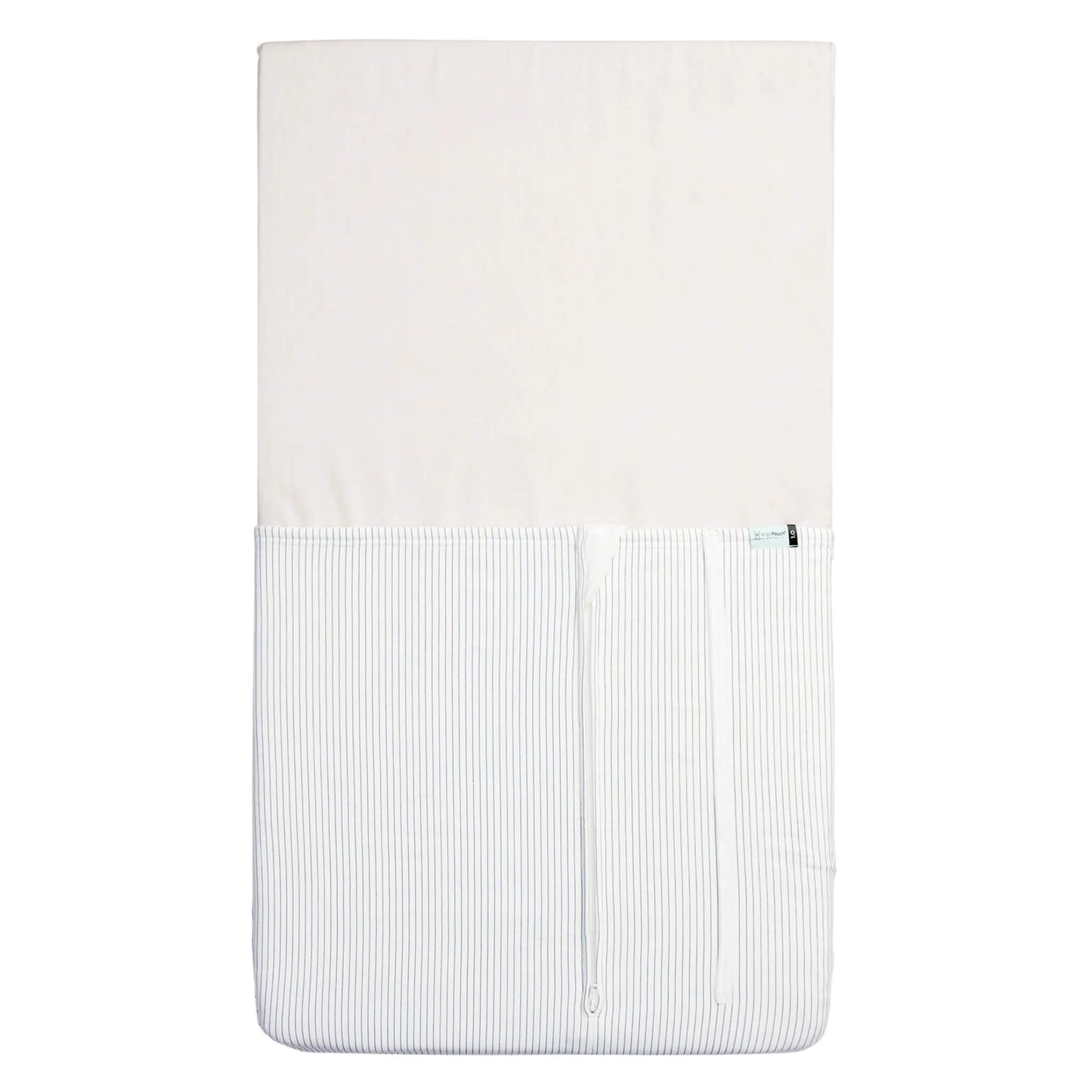 Flat lay of the HugMe Blanket in midnight stripe, with the zip closed to display its fitted sleeve style.