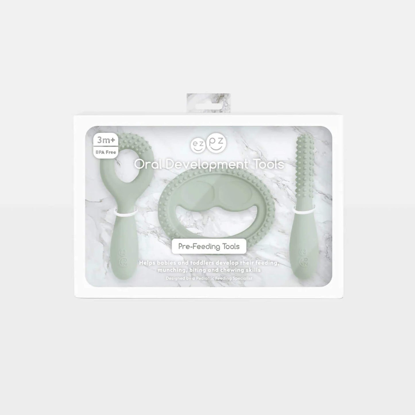 Retail packaging for sage silicone oral development tools set showing three textured pre-feeding tools designed to support chewing and oral motor development for babies.