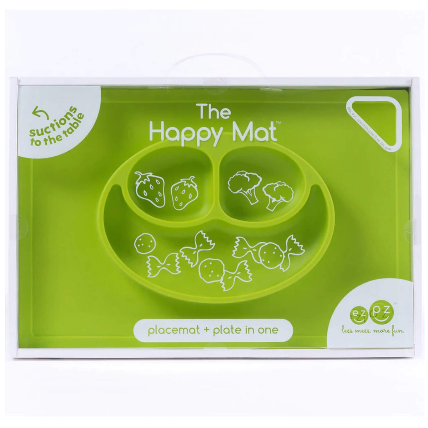 A retail box displaying a lime green silicone placemat and plate labelled as the Happy Mat, with three illustrated food compartments on the front.