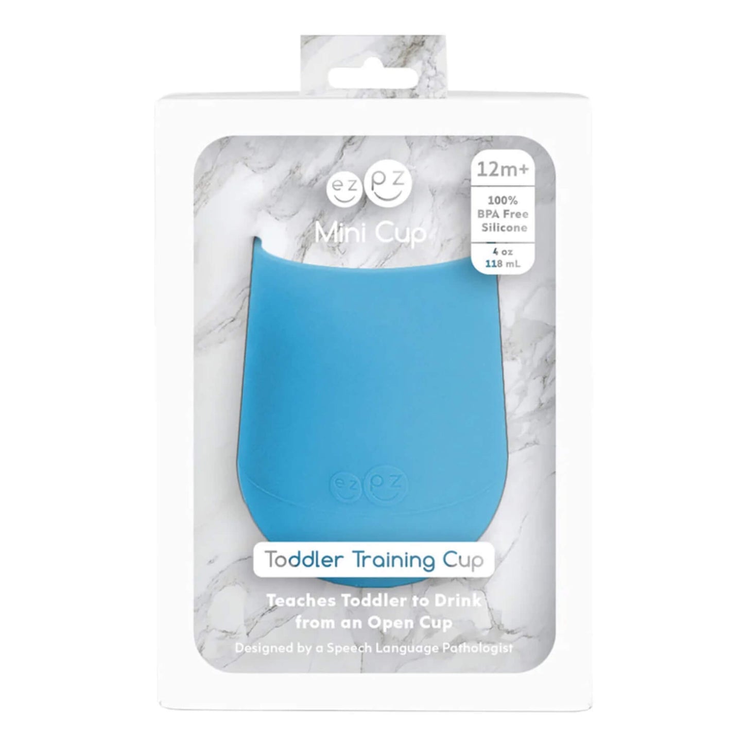 A retail box containing a blue silicone mini training cup, labelled as BPA free and suitable for toddlers aged 12 months and older.