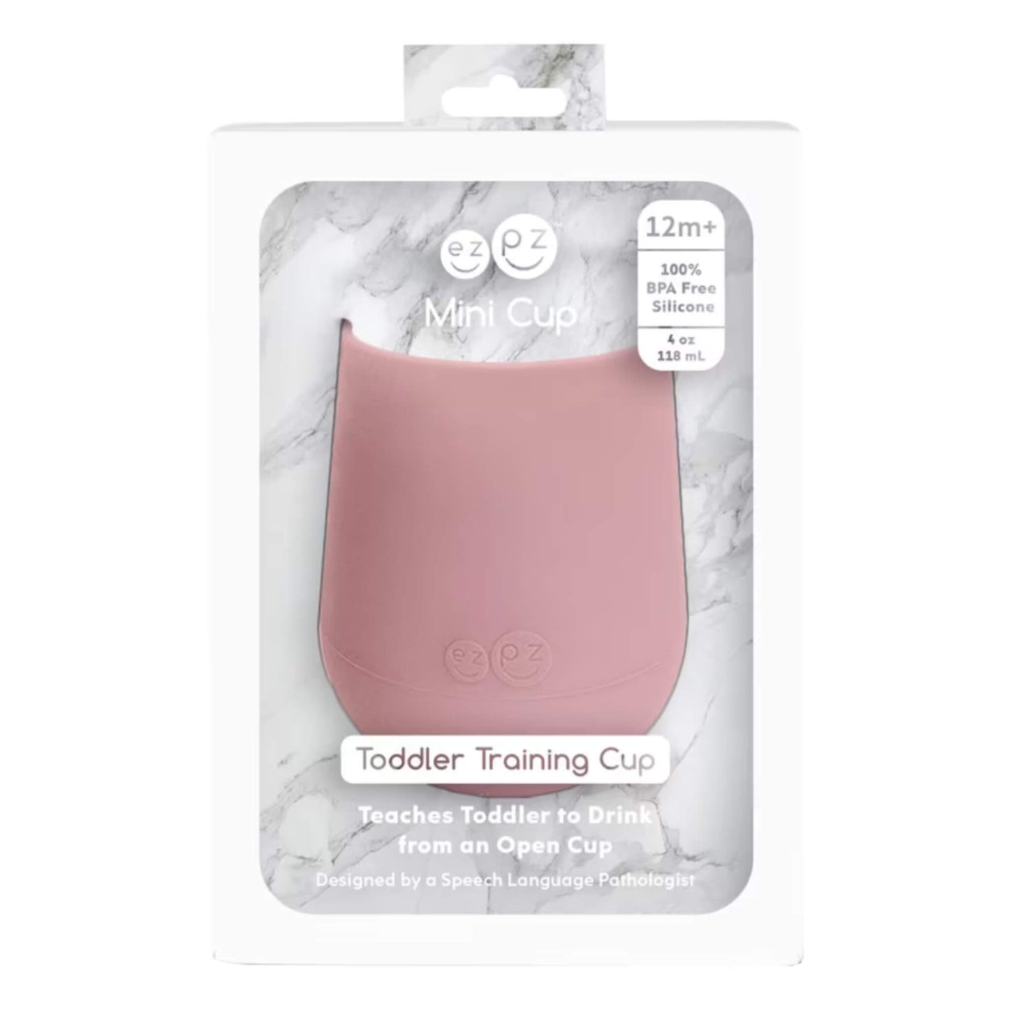 A retail box containing a blush pink silicone mini training cup, labelled as BPA free and suitable for toddlers aged 12 months and older.