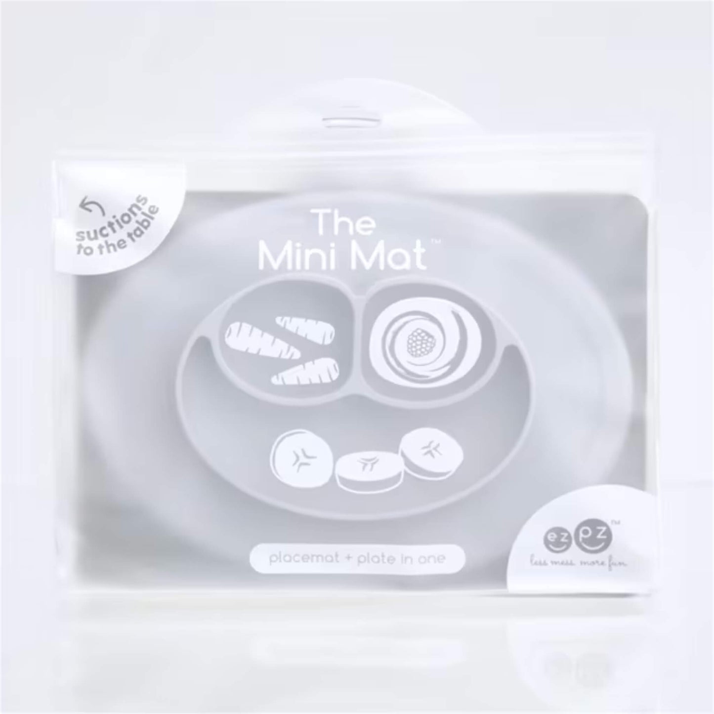 Retail packaging for the Mini Mat silicone suction placemat and plate in pewter grey with illustrated food compartments on the front.