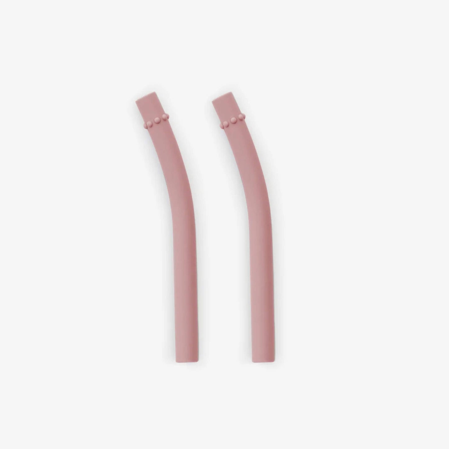 Pair of blush pink silicone mini straws with textured grip detail near the bend.