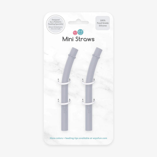 Two pewter grey silicone mini straws displayed in Ezpz retail packaging with clear front and branding.