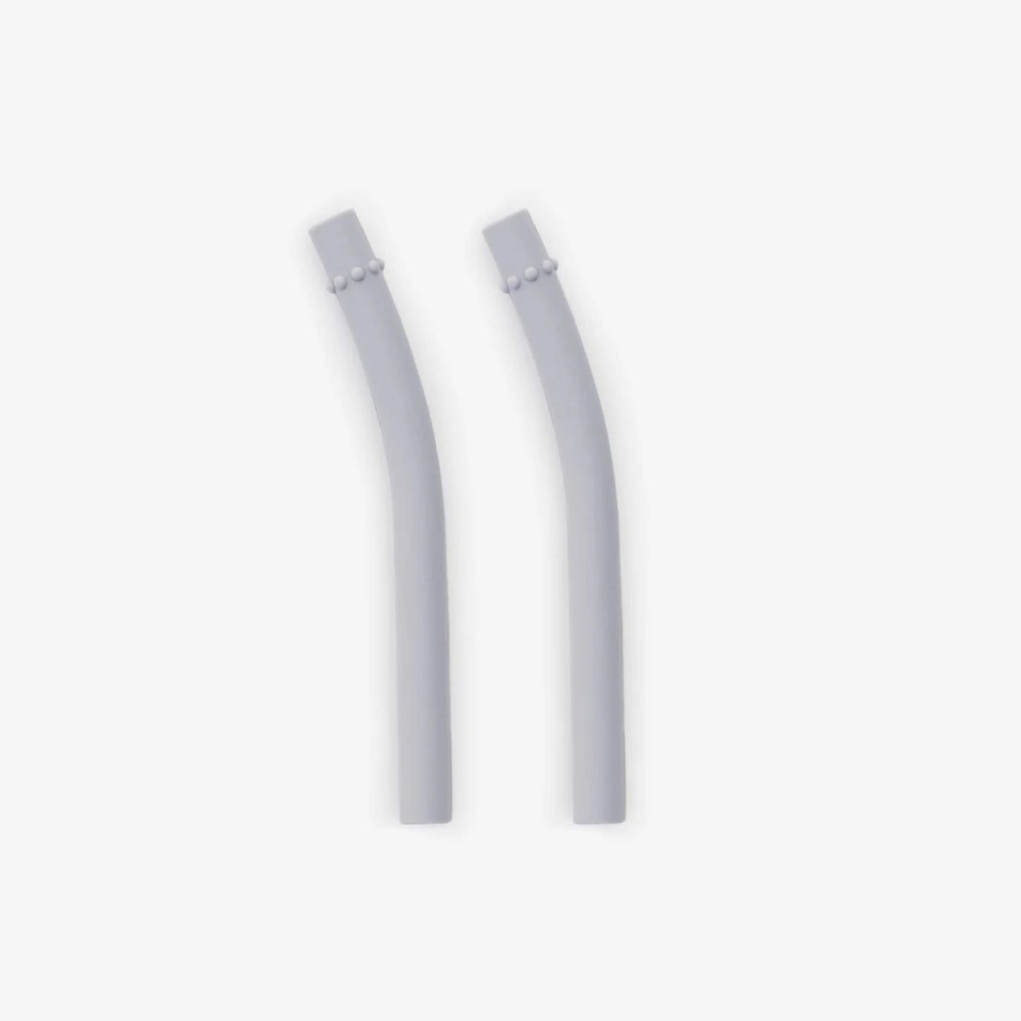 Pair of pewter grey silicone mini straws with textured grip detail near the bend.