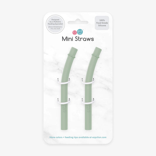 Two sage silicone mini straws displayed in Ezpz retail packaging with clear front and branding.