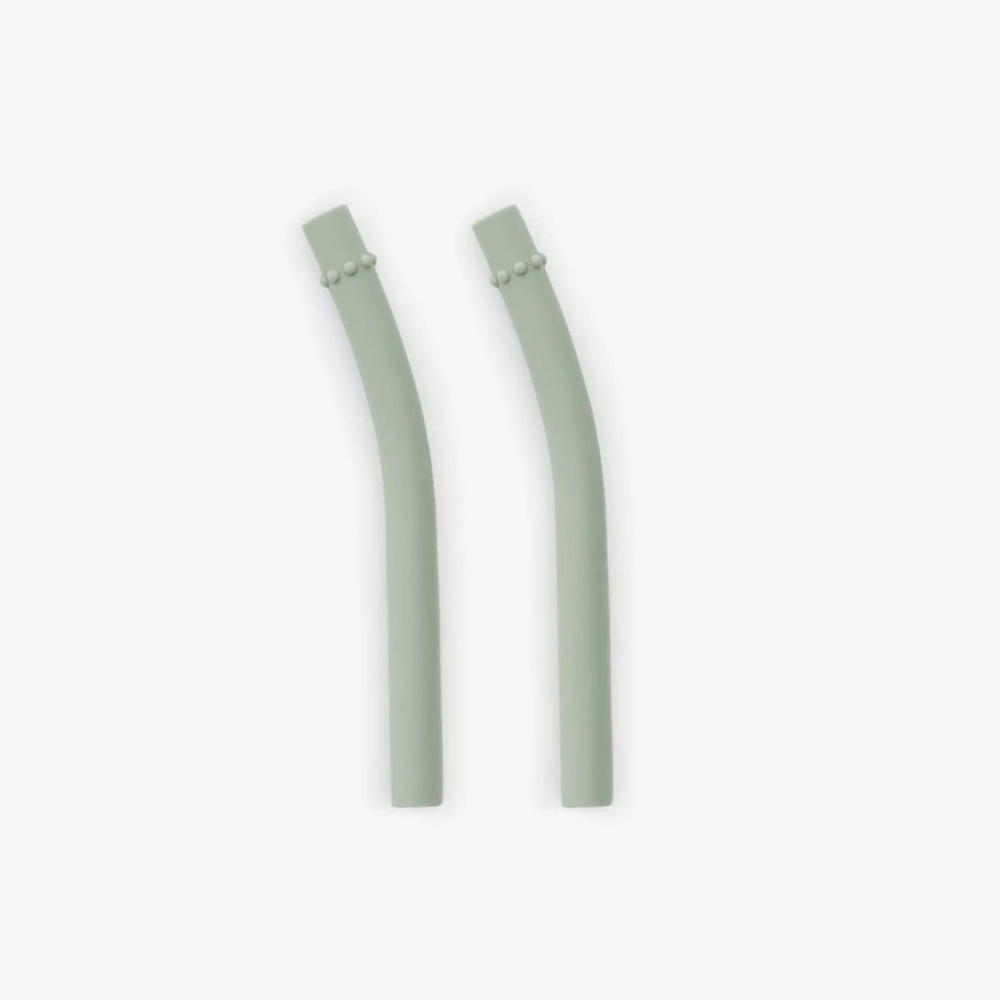 Pair of sage green silicone mini straws with textured grip detail near the bend.