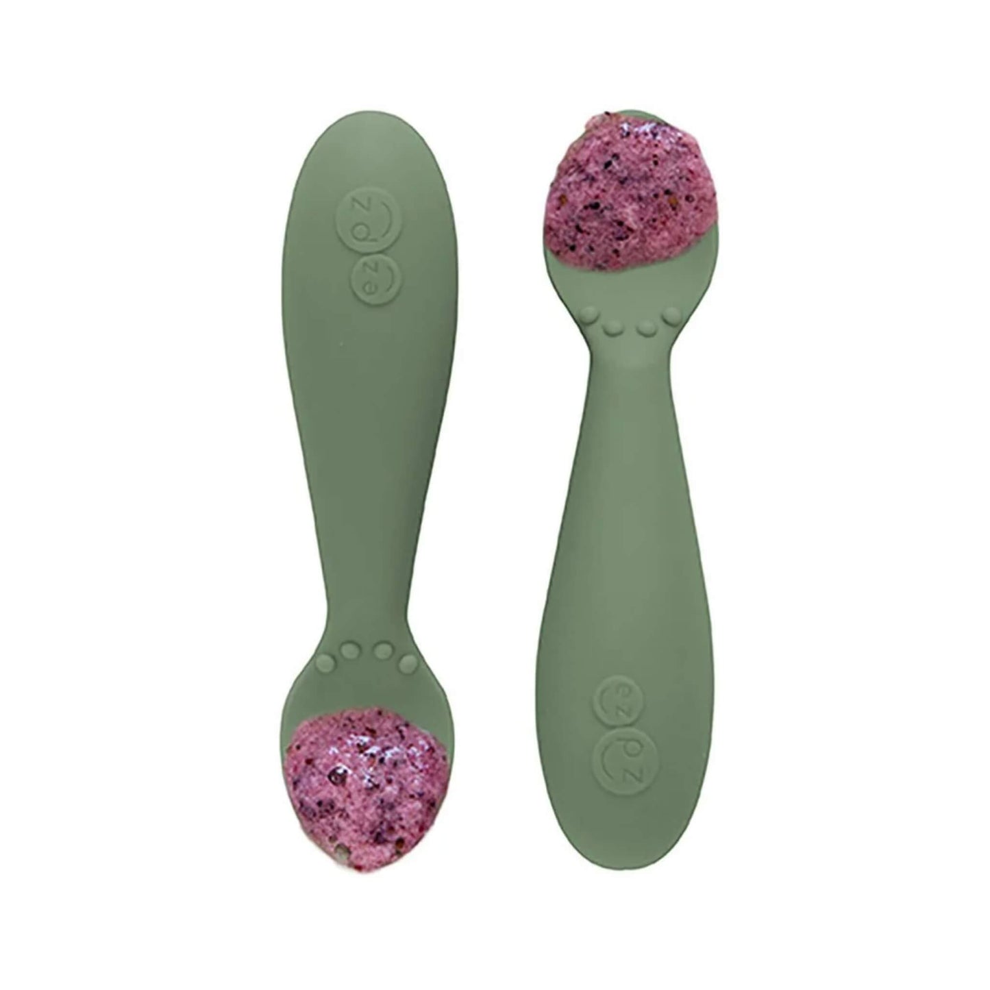 Pair of olive green silicone training spoons, each filled with a serving of purple baby food, shown close-up.