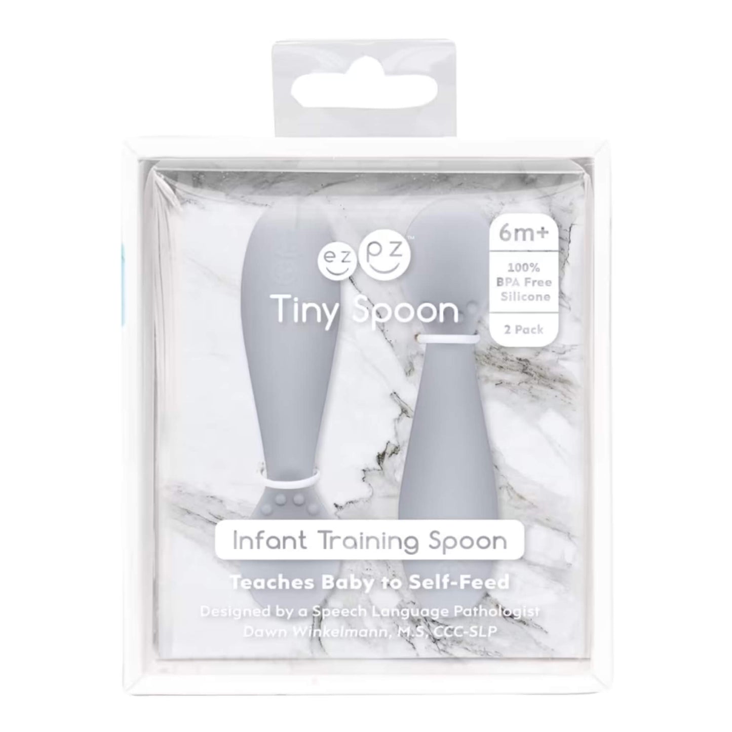 Retail packaging of Ezpz Tiny Spoons two-pack in pewter grey, labelled “Infant Training Spoon” with product details on clear display box.