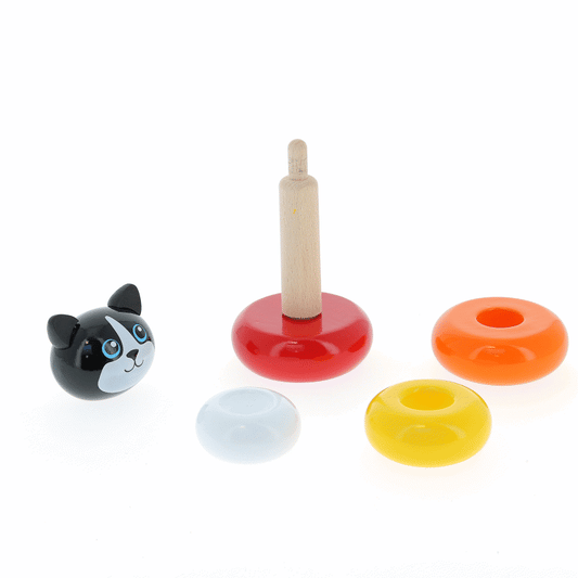An animated GIF of the Vilac Minou Cat Stacking Toy showing how the colourful wooden rings and cat head are stacked onto the wooden peg.