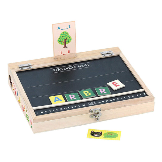 My First School set with a vocabulary card displayed, spelling out "ARBRE" on the blackboard, encouraging bilingual word-building.