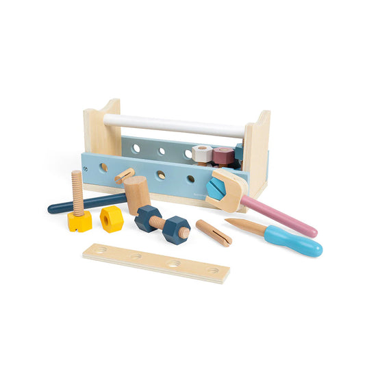 Carpenters Kids Workbench. Includes a wooden spanner, screwdriver, hammer, and lots of nuts and bolts in soft neutral colours.